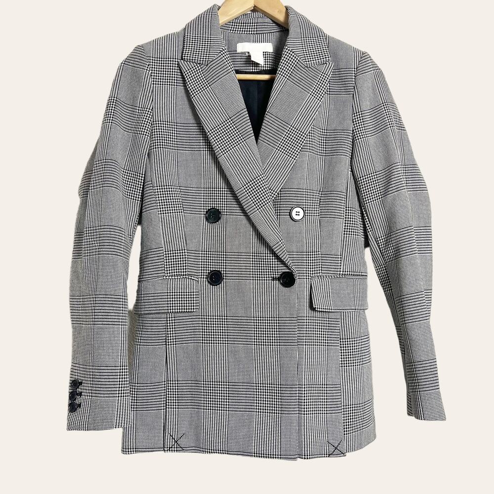 H&M Black White Houndstooth Striped Double Breasted Blazer Jacket Size 2